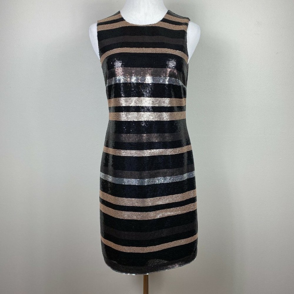 Laundry by Shelli Segal Dress 2 Sequin Shift Metallic Striped Cocktail Party New
